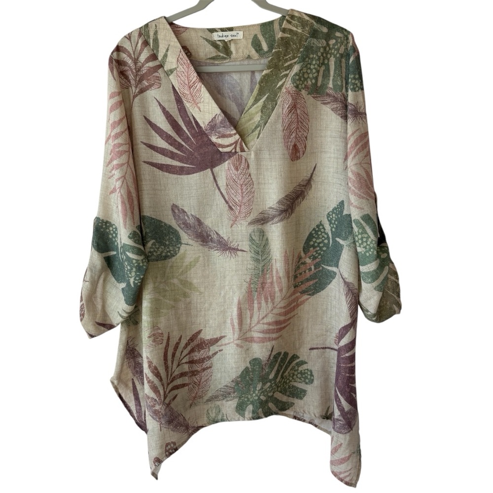 Indigo Soul Sz XL Leaf Print muted colors, vacation, office, summer tunic